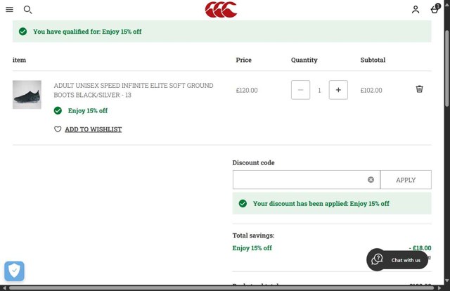 Canterbury.com checkout page showing Canterbury.com discount code box | Screenshot taken by SimplyCodes community member on Jul 7, 2025