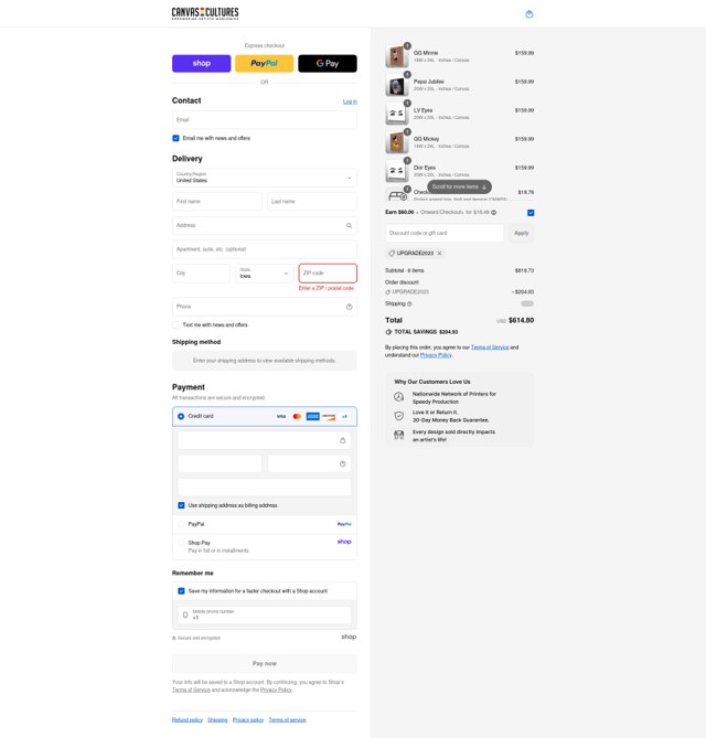 Canvas Cultures checkout page showing Canvas Cultures promo code box | Screenshot taken by SimplyCodes community member on Sep 8, 2025