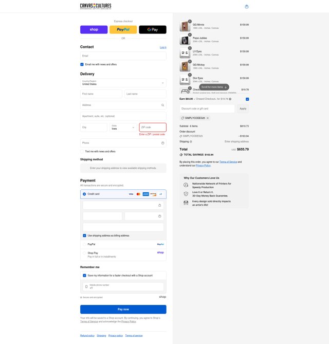 Canvas Cultures checkout page showing Canvas Cultures promo code box | Screenshot taken by SimplyCodes community member on Sep 8, 2025