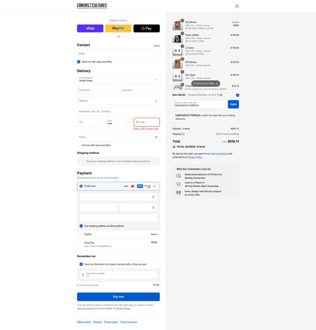 Canvas Cultures checkout page showing Canvas Cultures promo code box | Screenshot taken by SimplyCodes community member on Sep 8, 2025