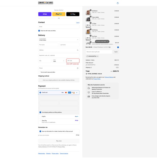 Canvas Cultures checkout page showing Canvas Cultures promo code box | Screenshot taken by SimplyCodes community member on Sep 8, 2025