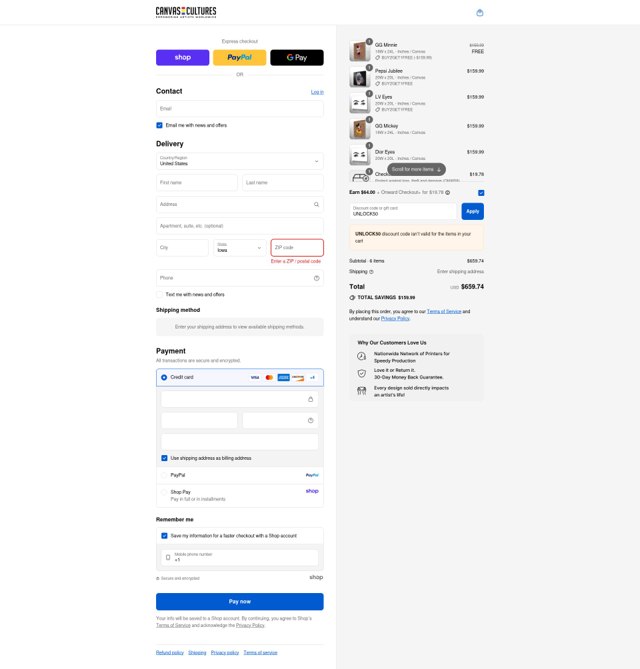 Canvas Cultures checkout page showing Canvas Cultures promo code box | Screenshot taken by SimplyCodes community member on Sep 8, 2025