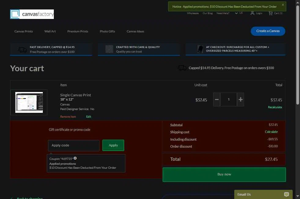 Canvas Factory checkout page showing Canvas Factory promo code box | Screenshot taken by SimplyCodes community member on Oct 22, 2025