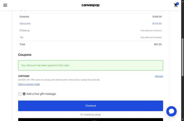 Canvaspop checkout page showing Canvaspop discount code box | Screenshot taken by SimplyCodes community member on Aug 10, 2025