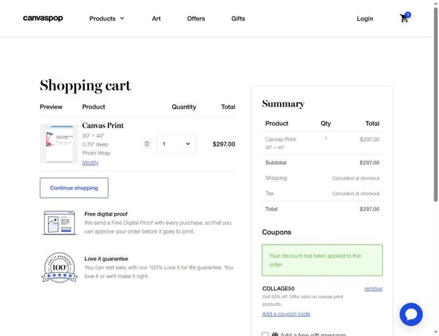 Canvaspop checkout page showing Canvaspop discount code box | Screenshot taken by SimplyCodes community member on Jul 23, 2025