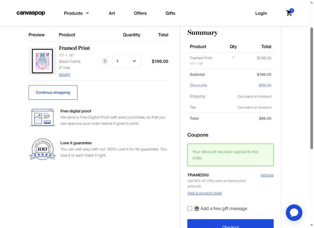 Canvaspop checkout page showing Canvaspop discount code box | Screenshot taken by SimplyCodes community member on Sep 6, 2025