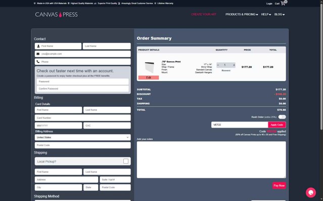 Canvas Press checkout page showing Canvas Press promo code box | Screenshot taken by SimplyCodes community member on Aug 22, 2025