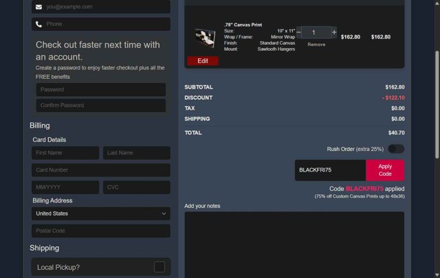 Canvas Press checkout page showing Canvas Press promo code box | Screenshot taken by SimplyCodes community member on Aug 6, 2025