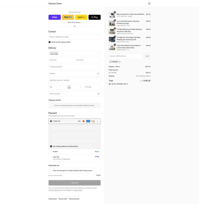 Canvas Vows checkout page showing Canvas Vows discount code box | Screenshot taken by SimplyCodes community member on Sep 3, 2025