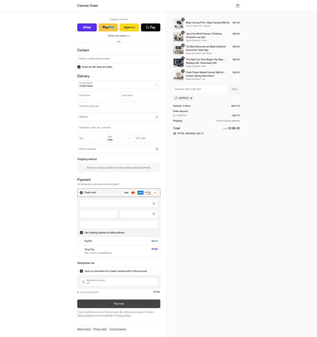 Canvas Vows checkout page showing Canvas Vows discount code box | Screenshot taken by SimplyCodes community member on Sep 3, 2025