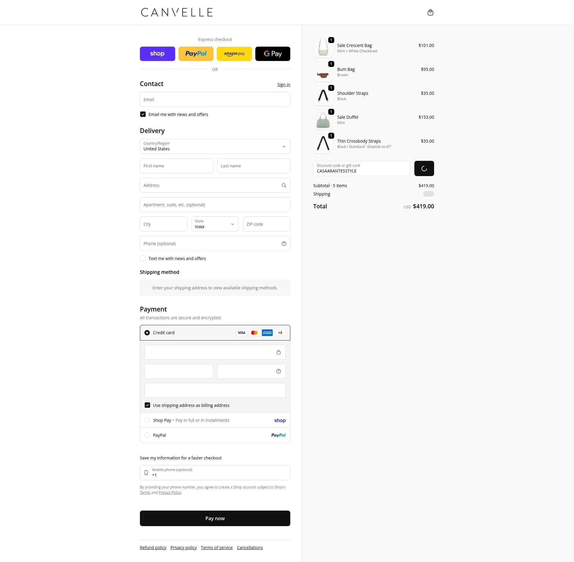Canvelle checkout page showing Canvelle discount code box | Screenshot taken by SimplyCodes community member on Feb 6, 2026