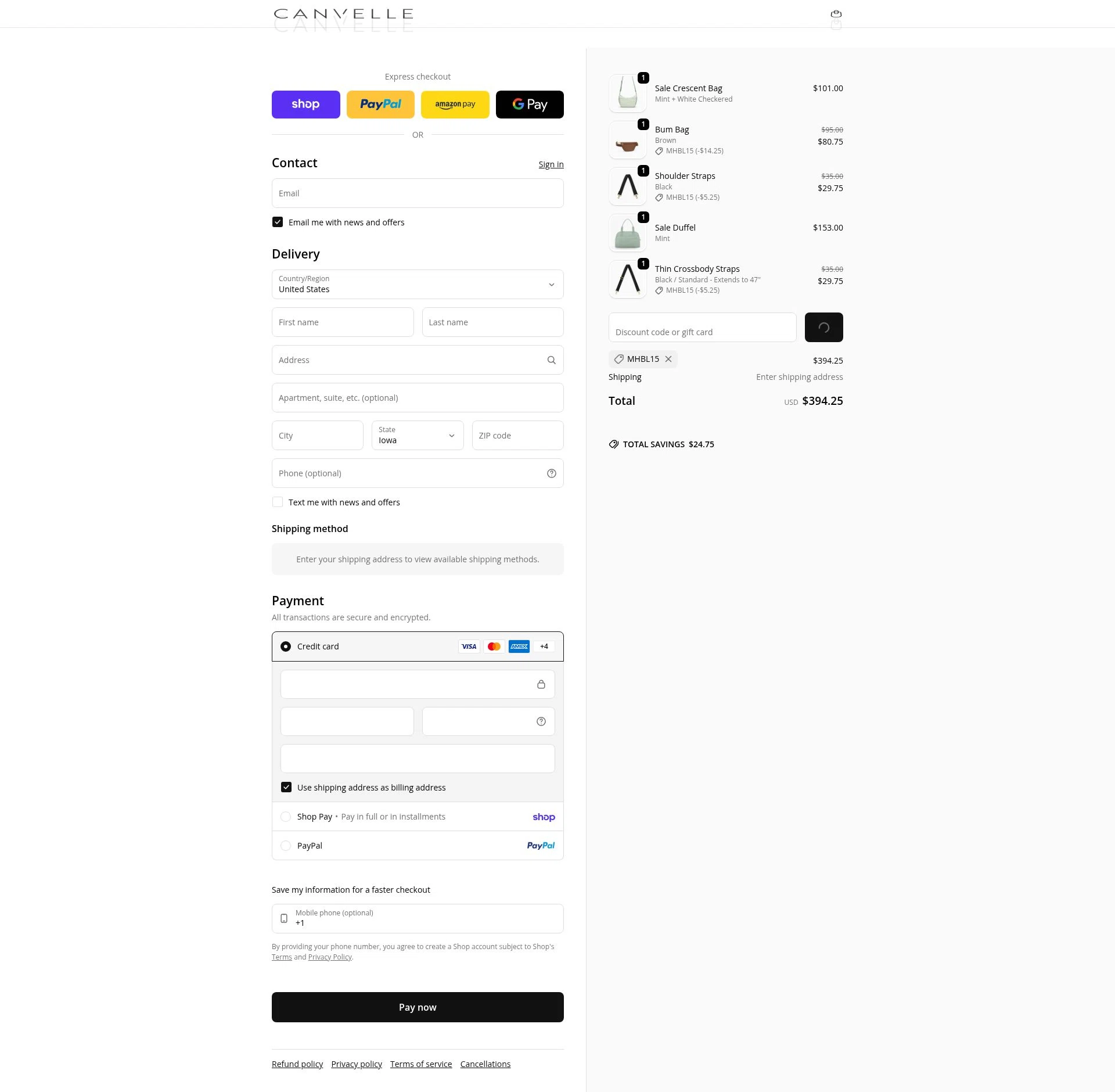 Canvelle checkout page showing Canvelle discount code box | Screenshot taken by SimplyCodes community member on Feb 6, 2026