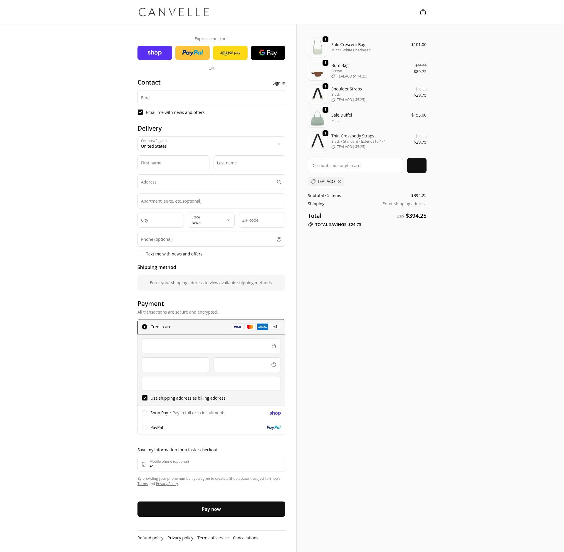 Canvelle checkout page showing Canvelle discount code box | Screenshot taken by SimplyCodes community member on Feb 6, 2026