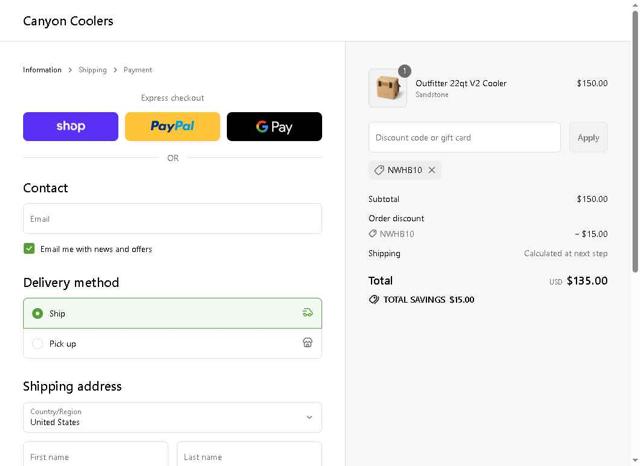 Canyon Coolers checkout page showing Canyon Coolers discount code box | Screenshot taken by SimplyCodes community member on Sep 7, 2025