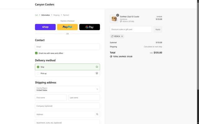 Canyon Coolers checkout page showing Canyon Coolers discount code box | Screenshot taken by SimplyCodes community member on Sep 7, 2025