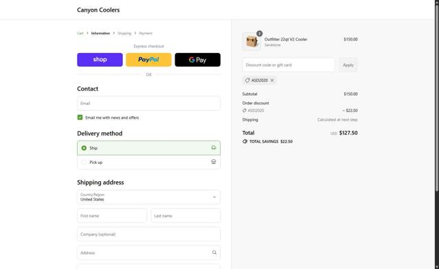 Canyon Coolers checkout page showing Canyon Coolers discount code box | Screenshot taken by SimplyCodes community member on Sep 7, 2025