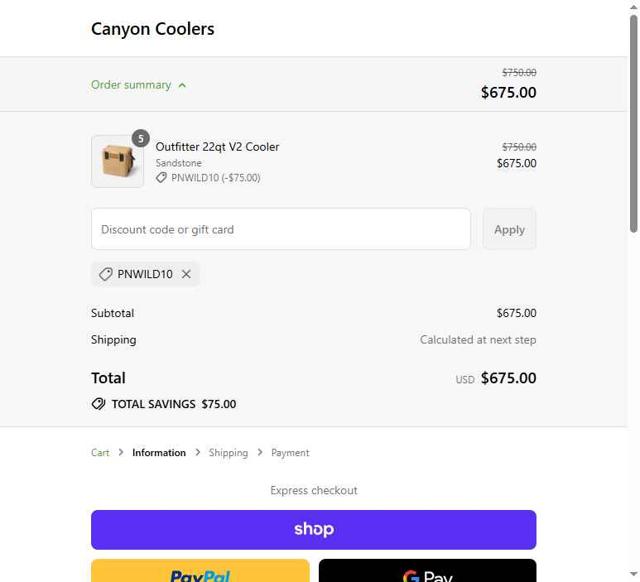 Canyon Coolers checkout page showing Canyon Coolers discount code box | Screenshot taken by SimplyCodes community member on Sep 7, 2025