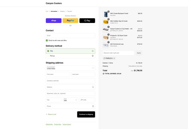 Canyon Coolers checkout page showing Canyon Coolers discount code box | Screenshot taken by SimplyCodes community member on Sep 11, 2025