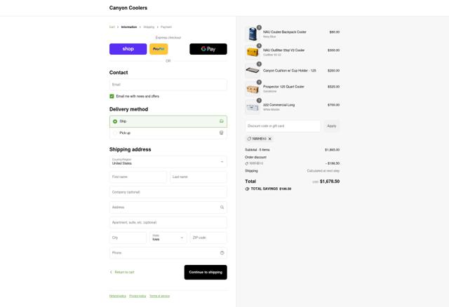 Canyon Coolers checkout page showing Canyon Coolers discount code box | Screenshot taken by SimplyCodes community member on Sep 11, 2025