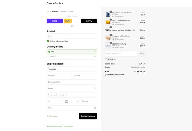 Canyon Coolers checkout page showing Canyon Coolers discount code box | Screenshot taken by SimplyCodes community member on Sep 11, 2025