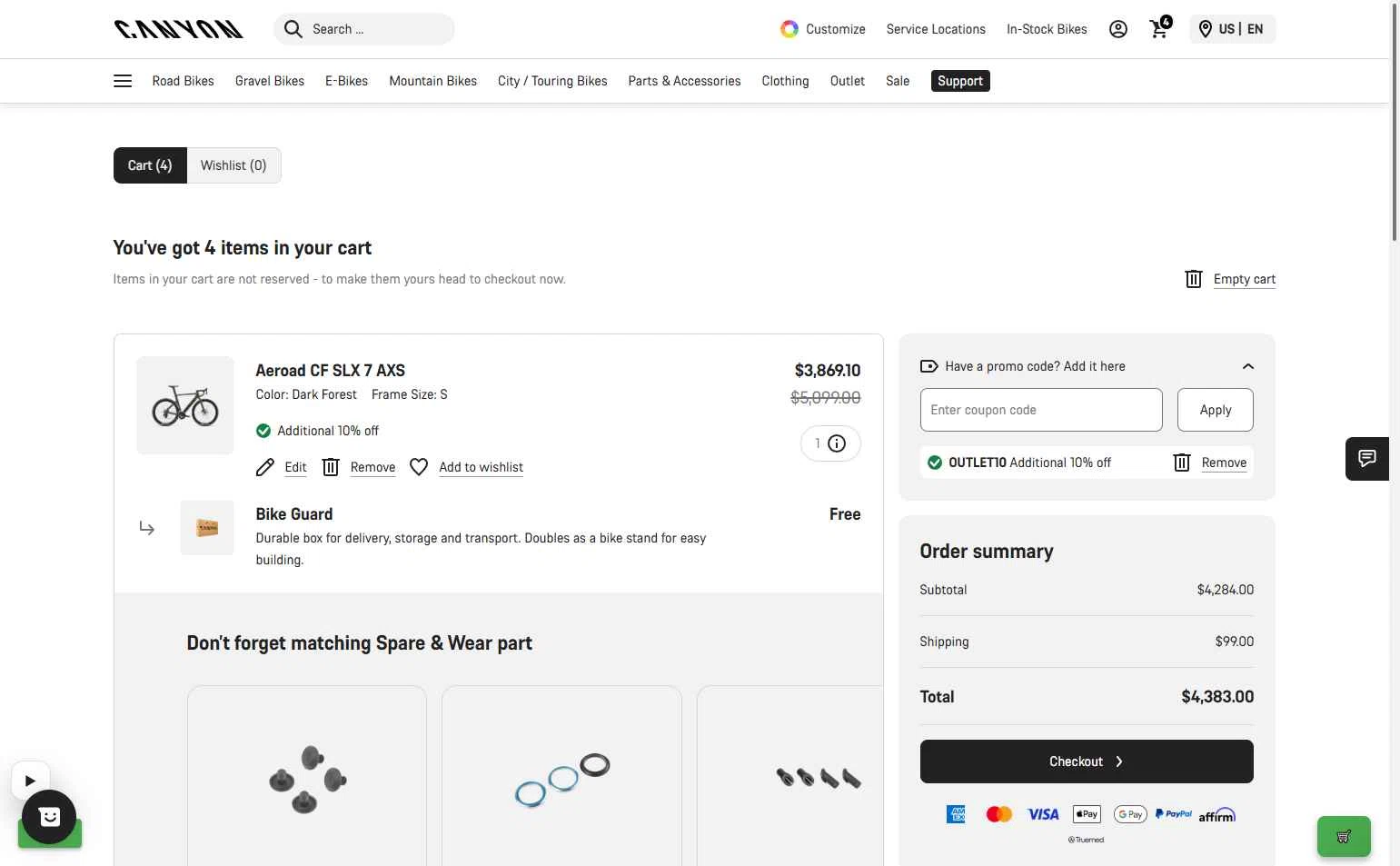 Canyon US checkout page showing Canyon US coupon code box | Screenshot taken by SimplyCodes community member on Jan 13, 2026