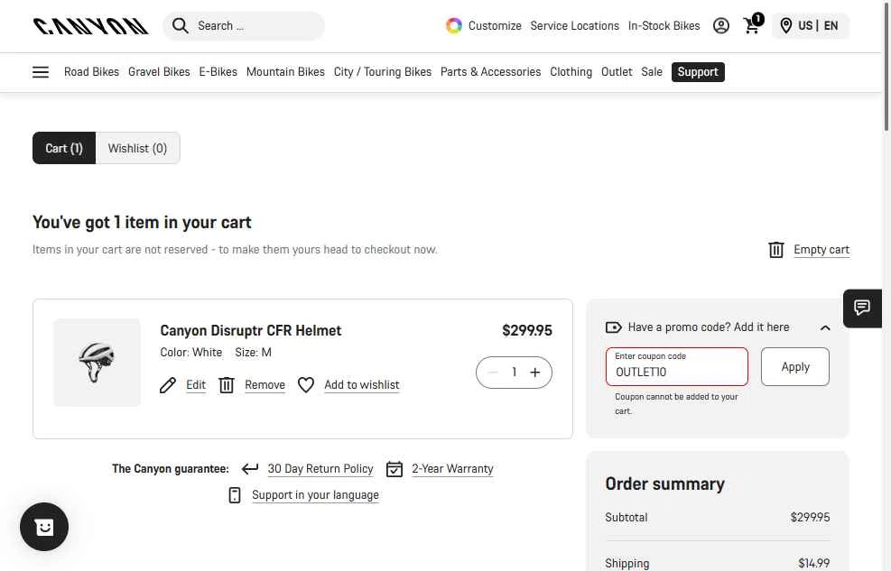 Canyon US checkout page showing Canyon US coupon code box | Screenshot taken by SimplyCodes community member on Feb 16, 2026