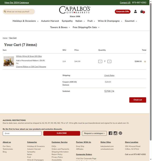 Capalbos checkout page showing Capalbos promo code box | Screenshot taken by SimplyCodes community member on Sep 8, 2025