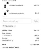WELCOME15 coupon verification screenshot