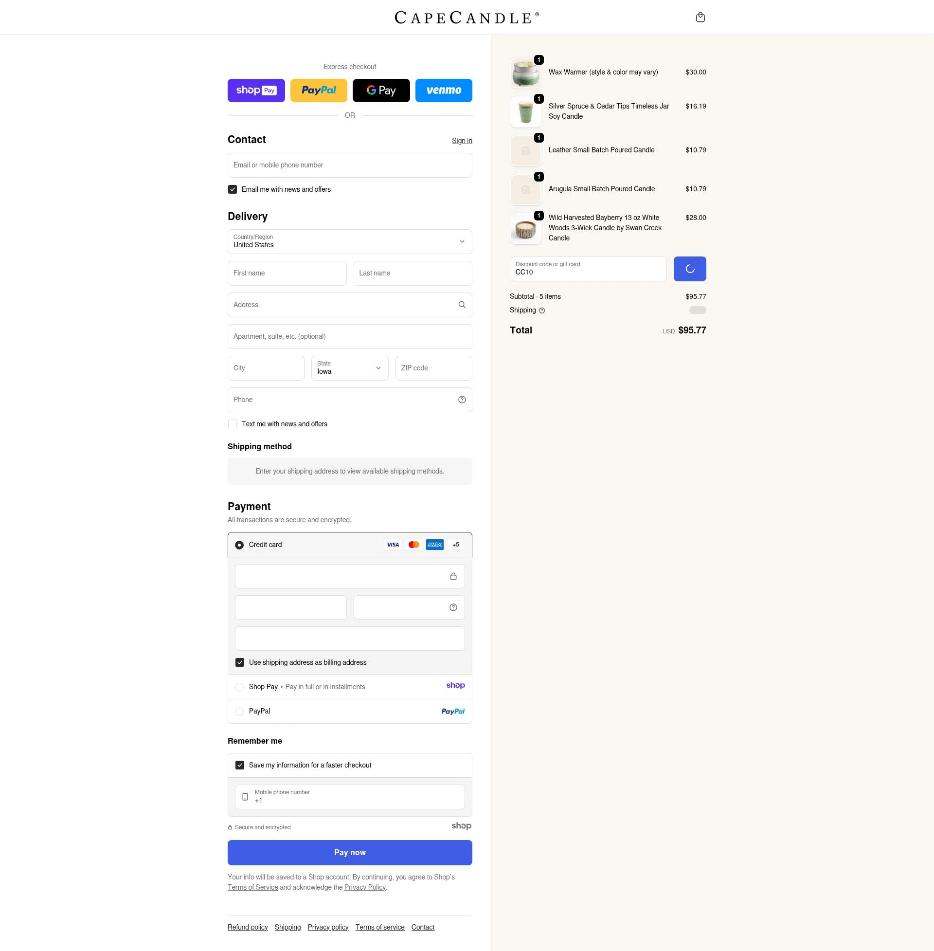 Cape Candle checkout page showing Cape Candle discount code box | Screenshot taken by SimplyCodes community member on Jan 7, 2026
