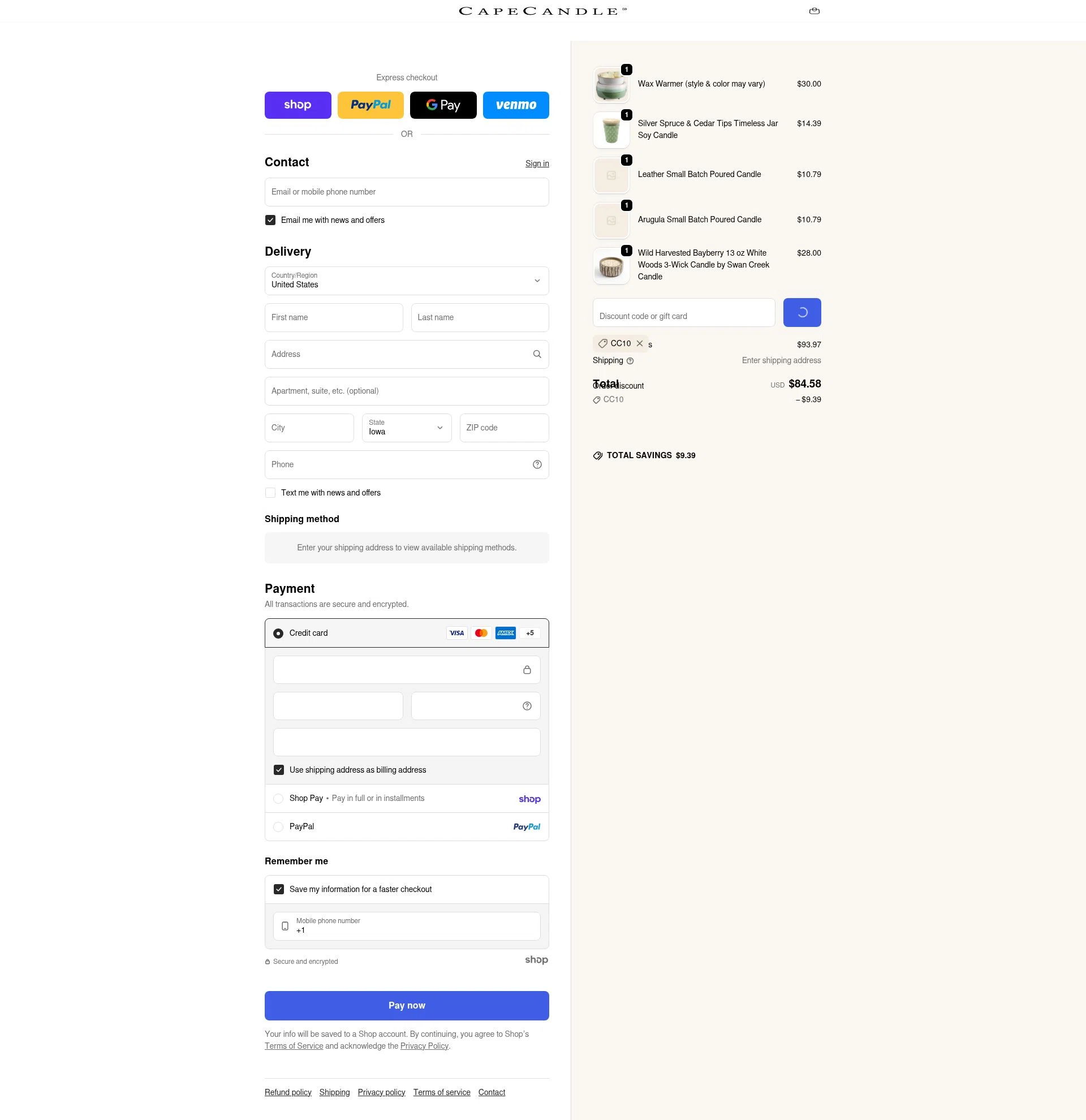 Cape Candle checkout page showing Cape Candle discount code box | Screenshot taken by SimplyCodes community member on Jan 22, 2026