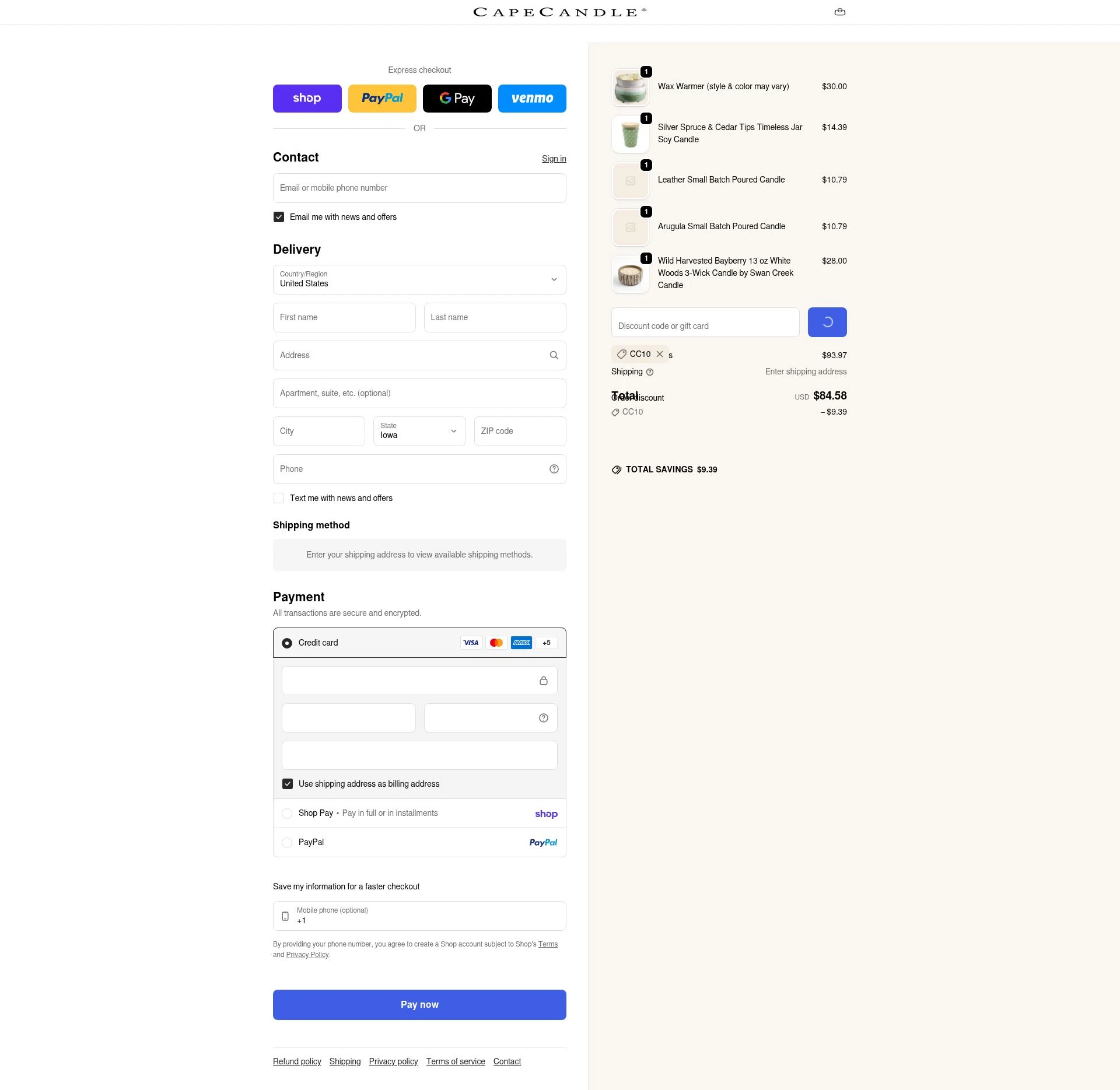 Cape Candle checkout page showing Cape Candle discount code box | Screenshot taken by SimplyCodes community member on Feb 4, 2026