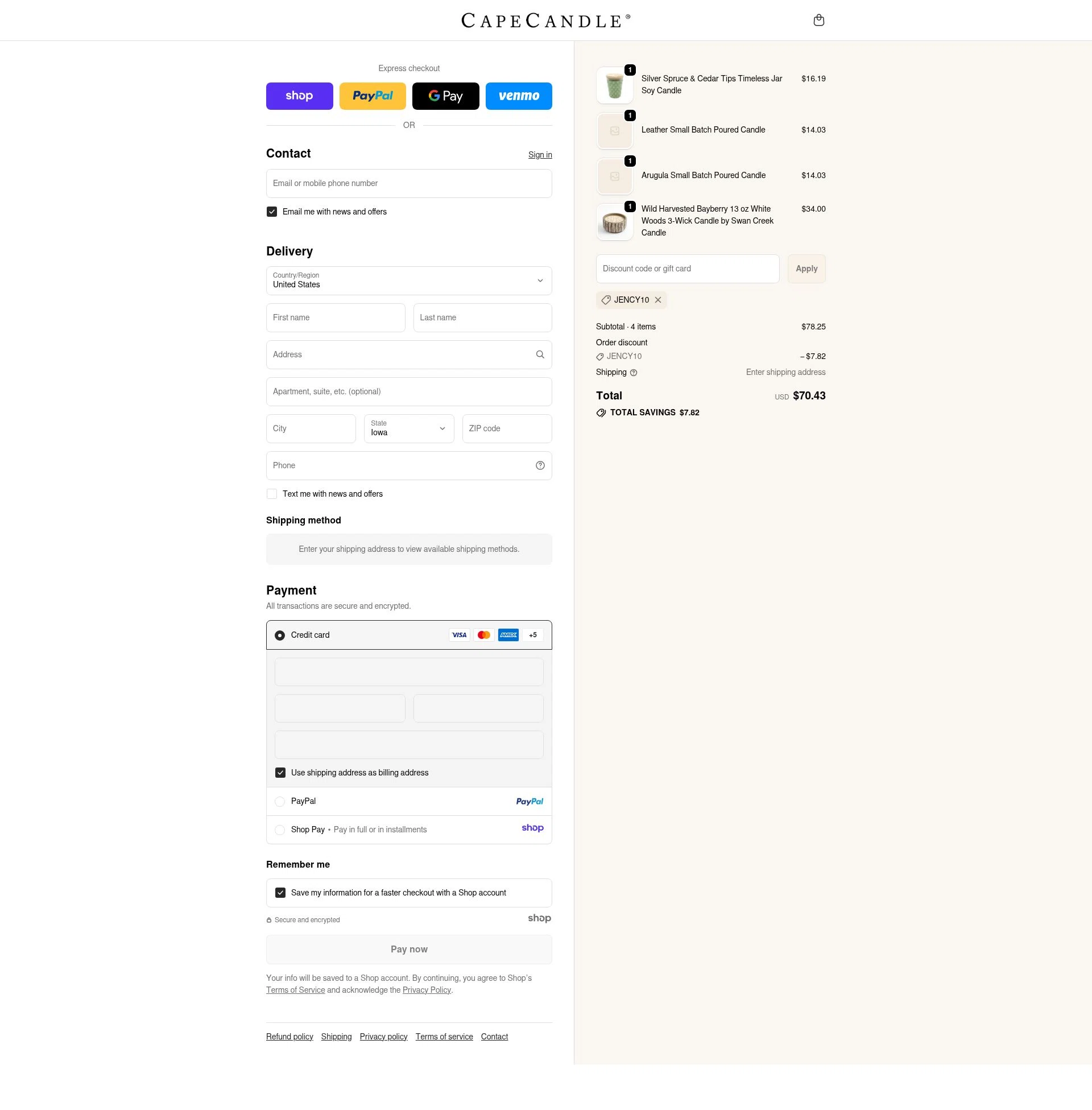 Cape Candle checkout page showing Cape Candle discount code box | Screenshot taken by SimplyCodes community member on Nov 24, 2025