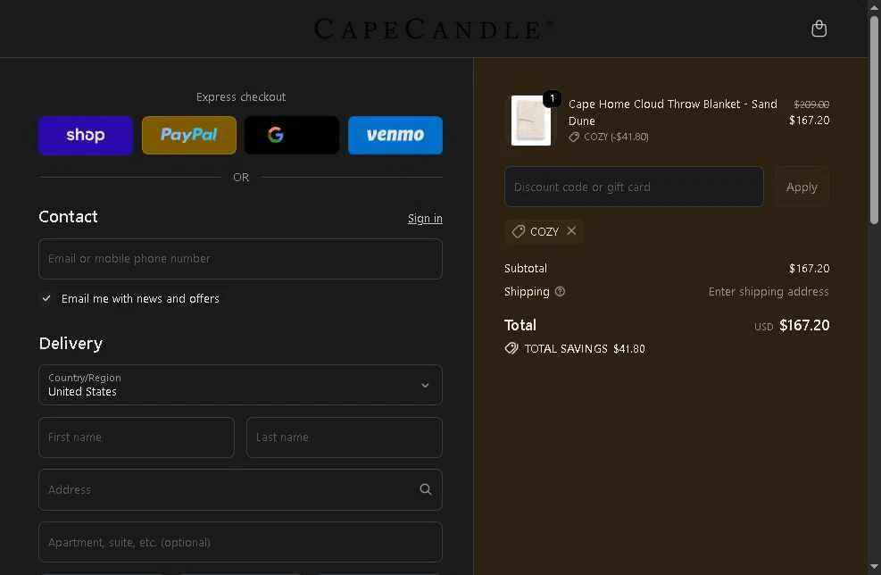Cape Candle checkout page showing Cape Candle discount code box | Screenshot taken by SimplyCodes community member on Feb 2, 2026