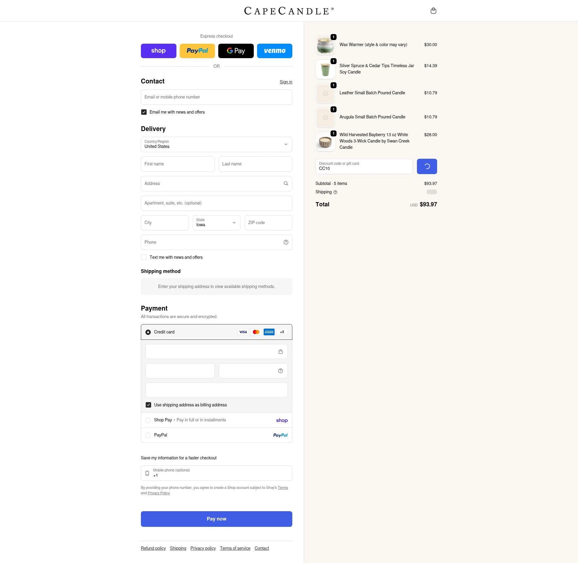 Cape Candle checkout page showing Cape Candle discount code box | Screenshot taken by SimplyCodes community member on Jan 31, 2026