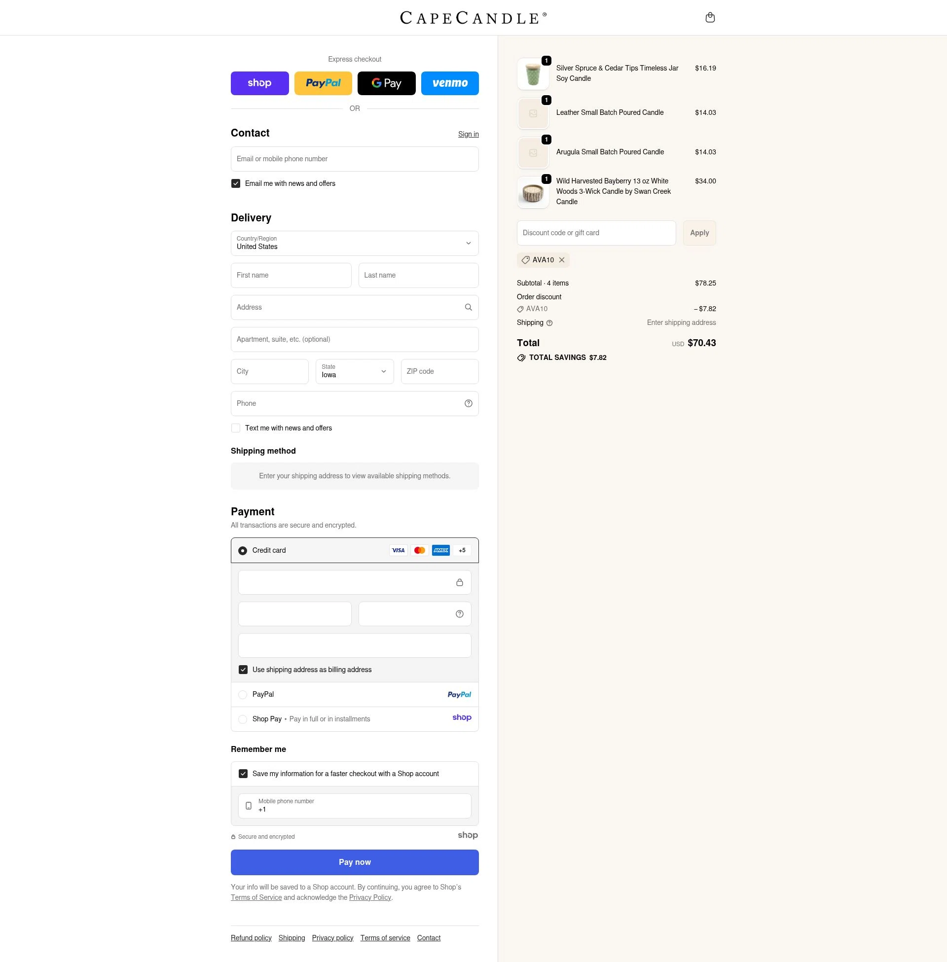 Cape Candle checkout page showing Cape Candle discount code box | Screenshot taken by SimplyCodes community member on Nov 24, 2025