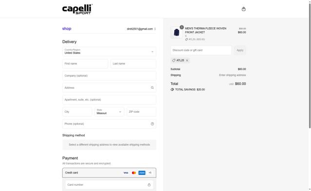 Capelli Sport checkout page showing Capelli Sport coupon code box | Screenshot taken by SimplyCodes community member on Sep 13, 2025