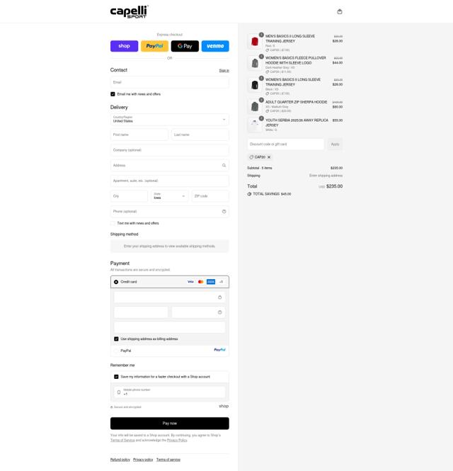 Capelli Sport checkout page showing Capelli Sport coupon code box | Screenshot taken by SimplyCodes community member on Sep 12, 2025