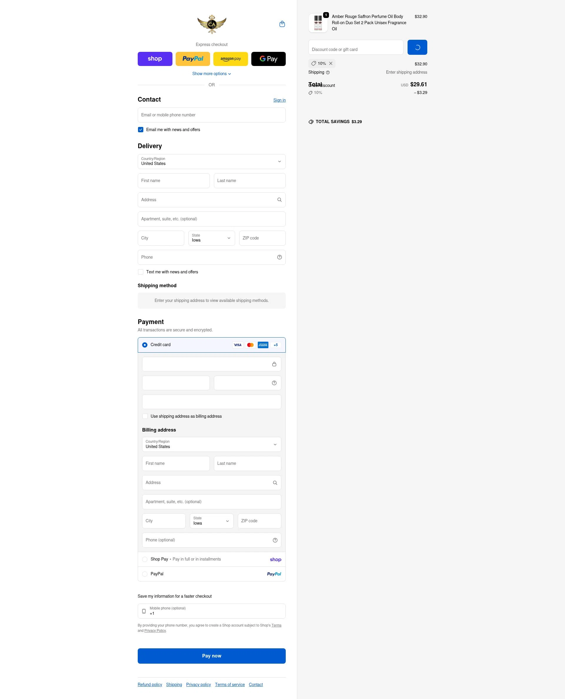 CA Perfume checkout page showing CA Perfume promo code box | Screenshot taken by SimplyCodes community member on Feb 26, 2026