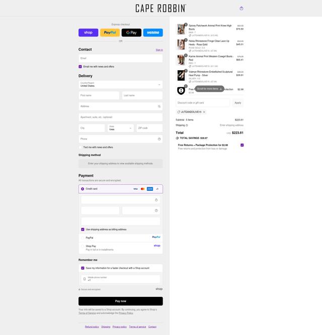Cape Robbin checkout page showing Cape Robbin discount code box | Screenshot taken by SimplyCodes community member on Sep 12, 2025