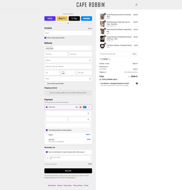 Cape Robbin checkout page showing Cape Robbin discount code box | Screenshot taken by SimplyCodes community member on Sep 12, 2025