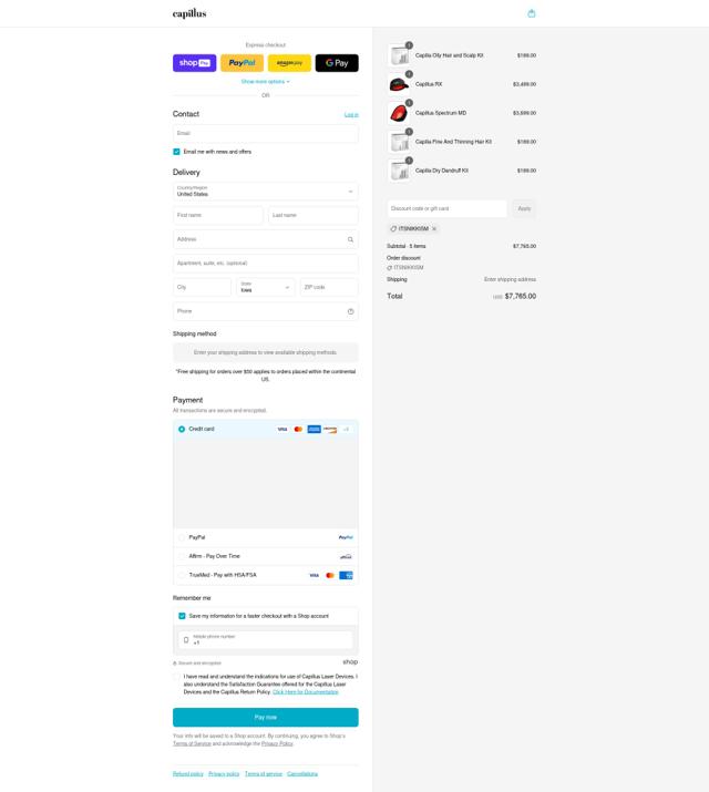 Capillus checkout page showing Capillus coupon code box | Screenshot taken by SimplyCodes community member on Aug 24, 2025
