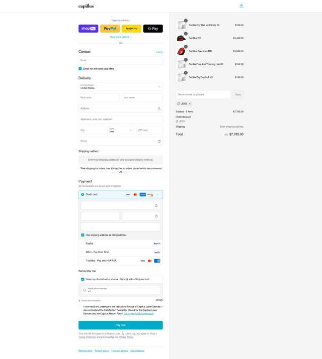 Capillus checkout page showing Capillus coupon code box | Screenshot taken by SimplyCodes community member on Aug 24, 2025