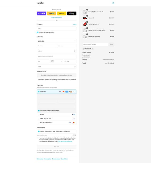 Capillus checkout page showing Capillus coupon code box | Screenshot taken by SimplyCodes community member on Aug 19, 2025