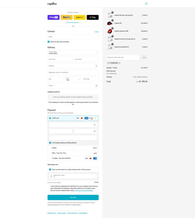Capillus checkout page showing Capillus coupon code box | Screenshot taken by SimplyCodes community member on Aug 28, 2025