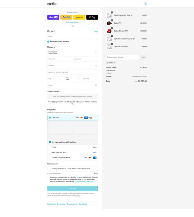 Capillus checkout page showing Capillus coupon code box | Screenshot taken by SimplyCodes community member on Aug 28, 2025