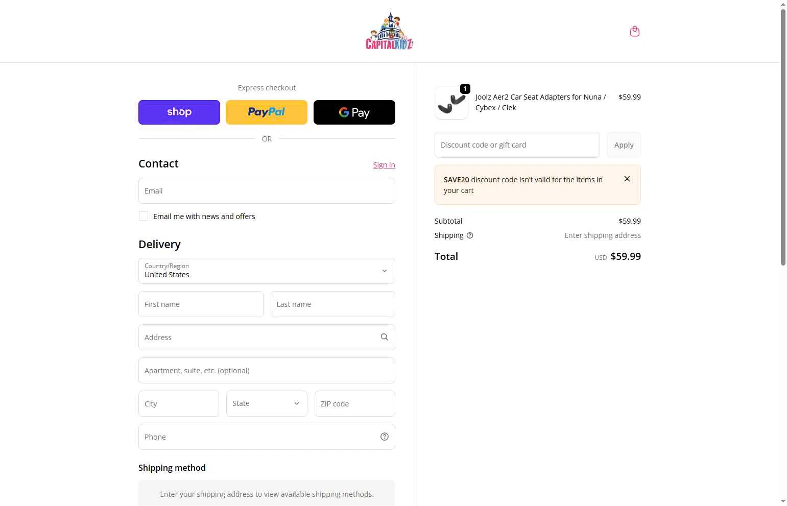 Capitalkidz checkout page showing Capitalkidz discount code box | Screenshot taken by SimplyCodes community member on Feb 6, 2026