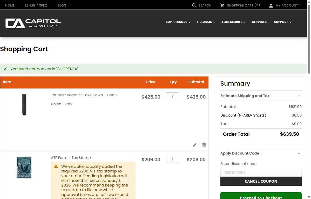 Capitol Armory checkout page showing Capitol Armory discount code box | Screenshot taken by SimplyCodes community member on Nov 21, 2025