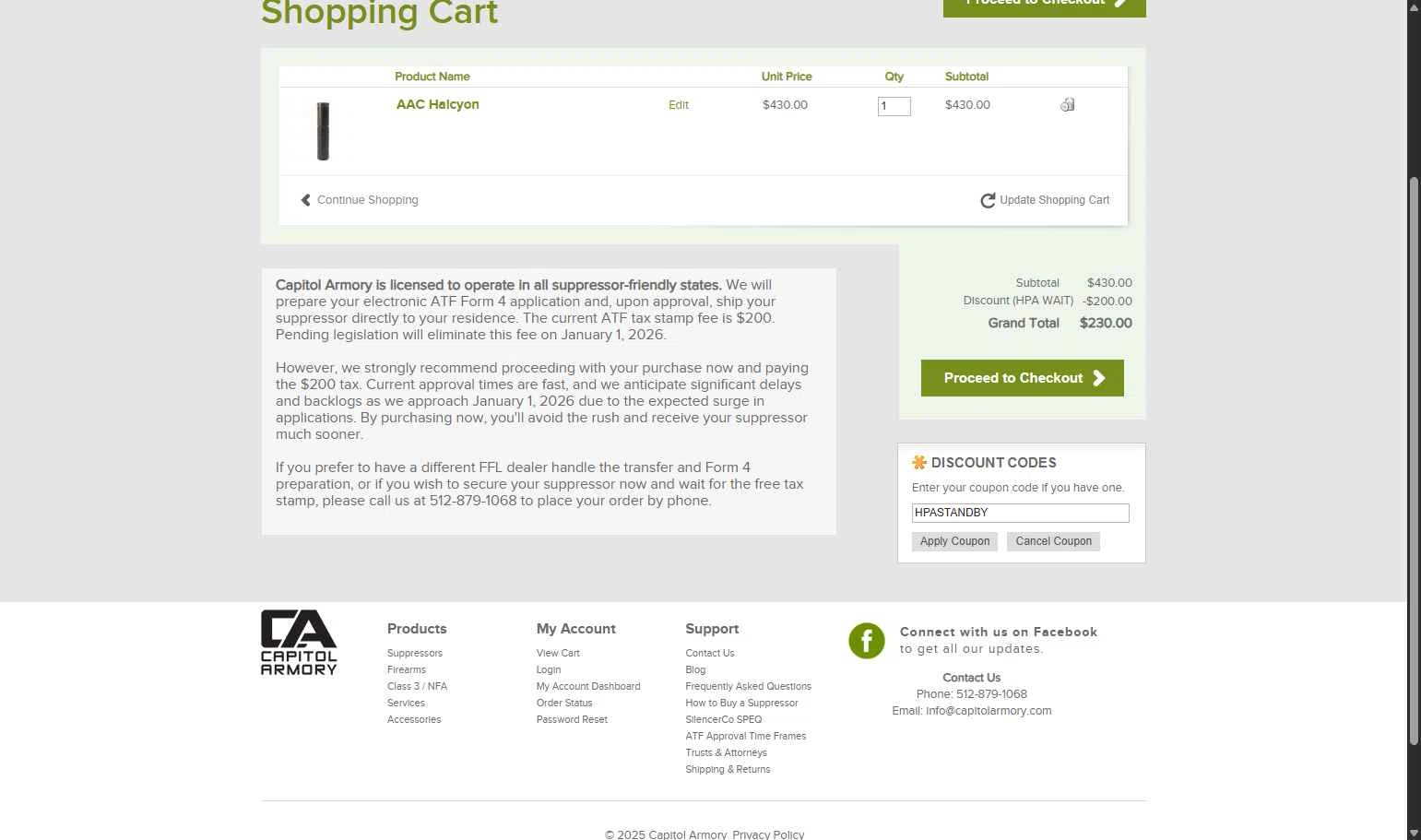 Capitol Armory checkout page showing Capitol Armory discount code box | Screenshot taken by SimplyCodes community member on Oct 27, 2025