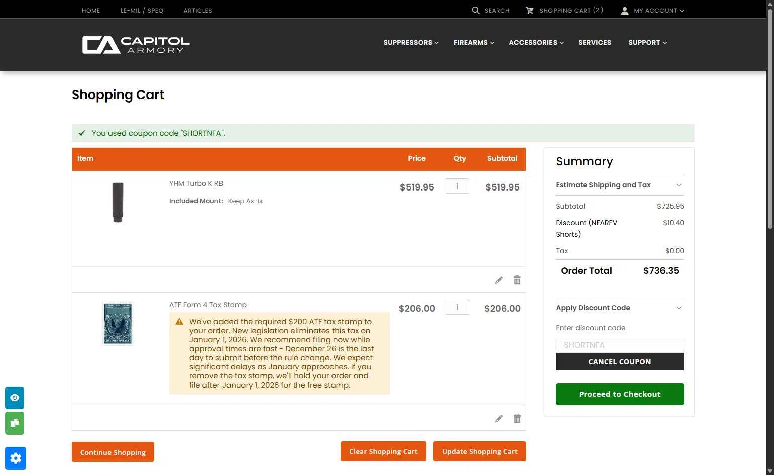 Capitol Armory checkout page showing Capitol Armory discount code box | Screenshot taken by SimplyCodes community member on Dec 20, 2025