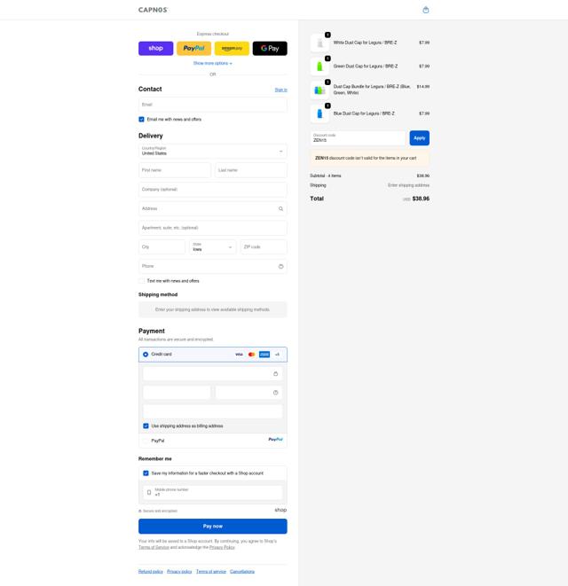 CAPNOS checkout page showing CAPNOS discount code box | Screenshot taken by SimplyCodes community member on Sep 20, 2025